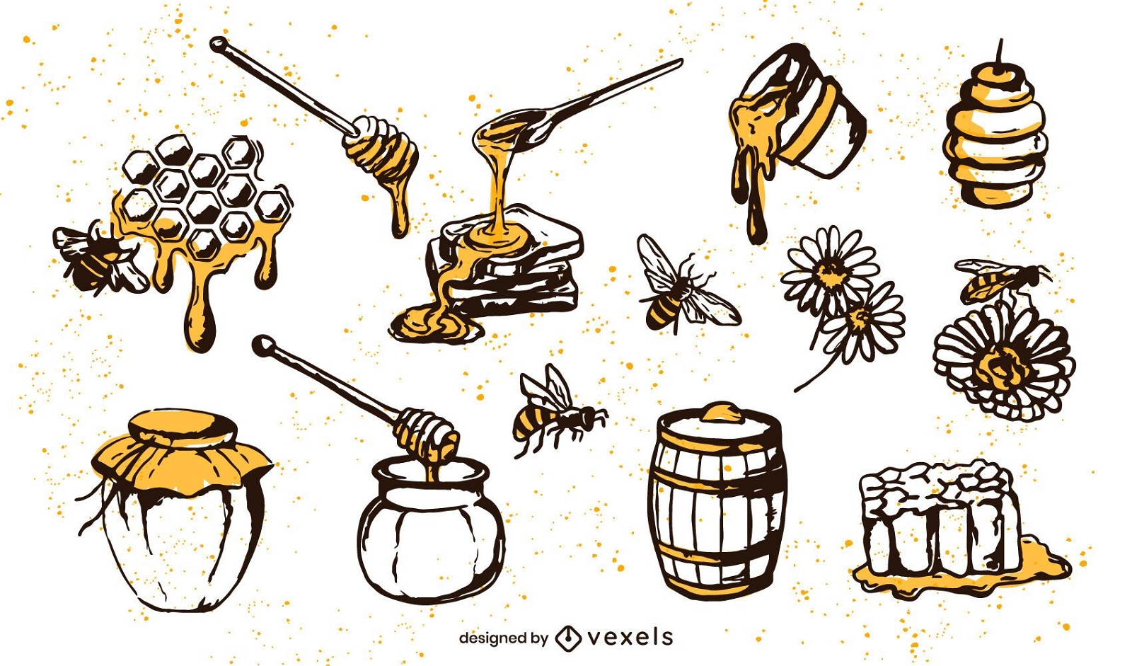 Conjunto de elementos de mel desenhado ? m?o