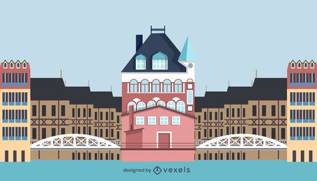 Diseño de edificio de Speicherstadt de estilo plano