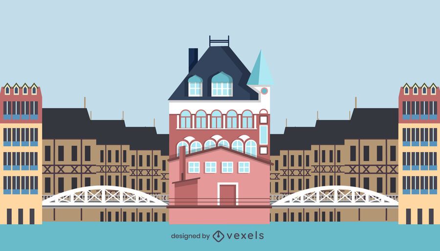 Diseño de edificio de Speicherstadt de estilo plano Diseño de edificio de Speicherstadt de estilo plano