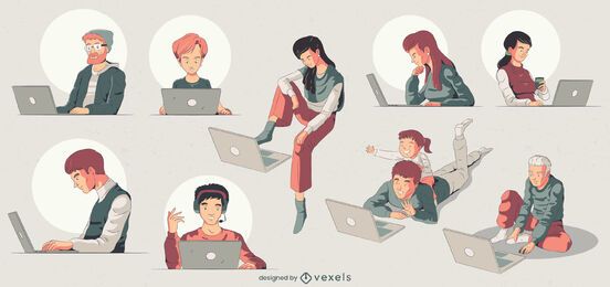 Conjunto de ilustración de personajes de computadora Conjunto de ilustración de personajes de computadora