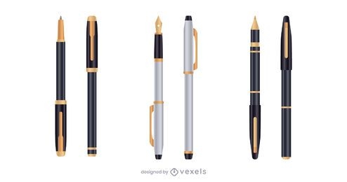 Conjunto de canetas realistas prata ouro