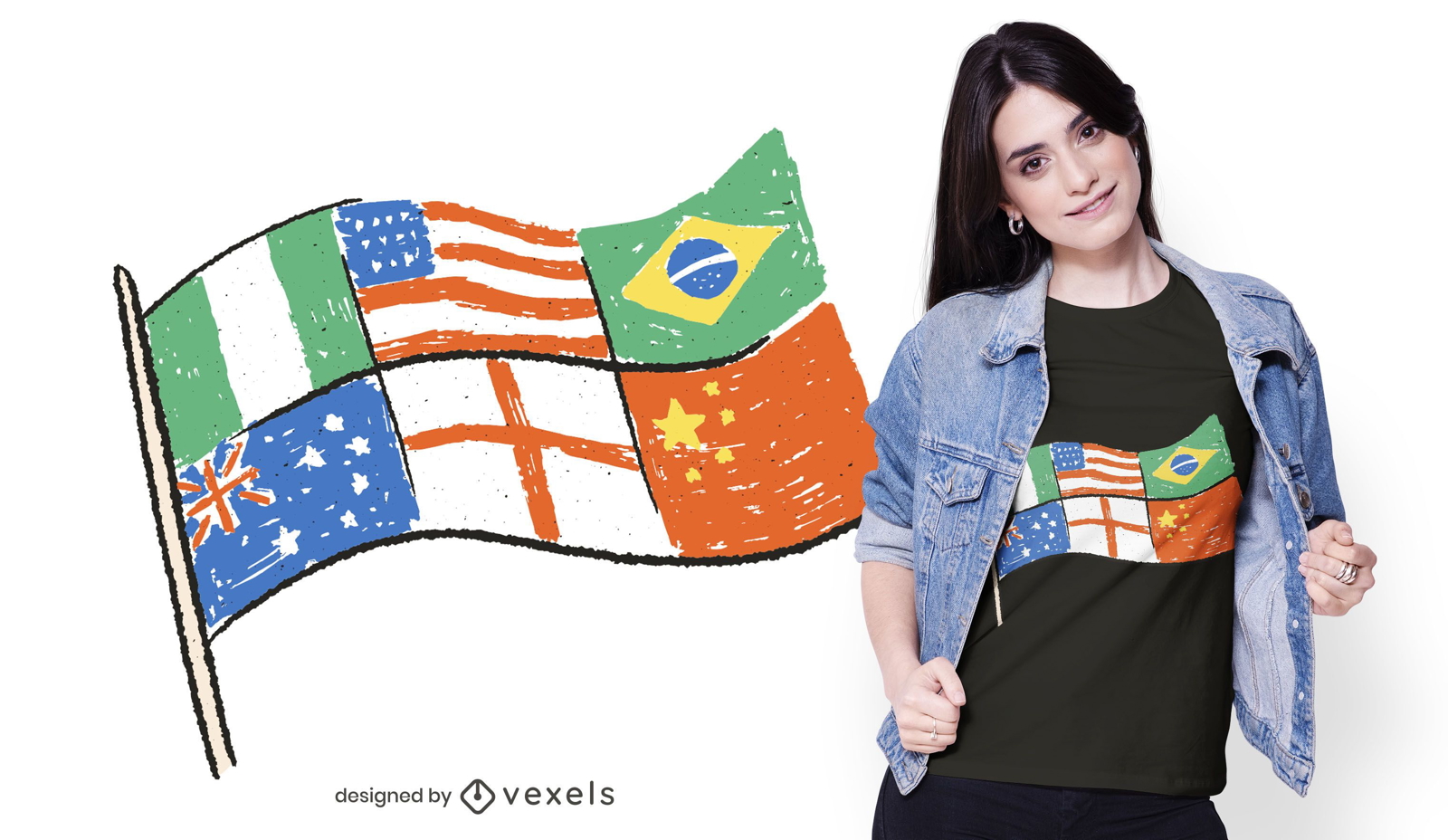 Diseño de camiseta con múltiples banderas