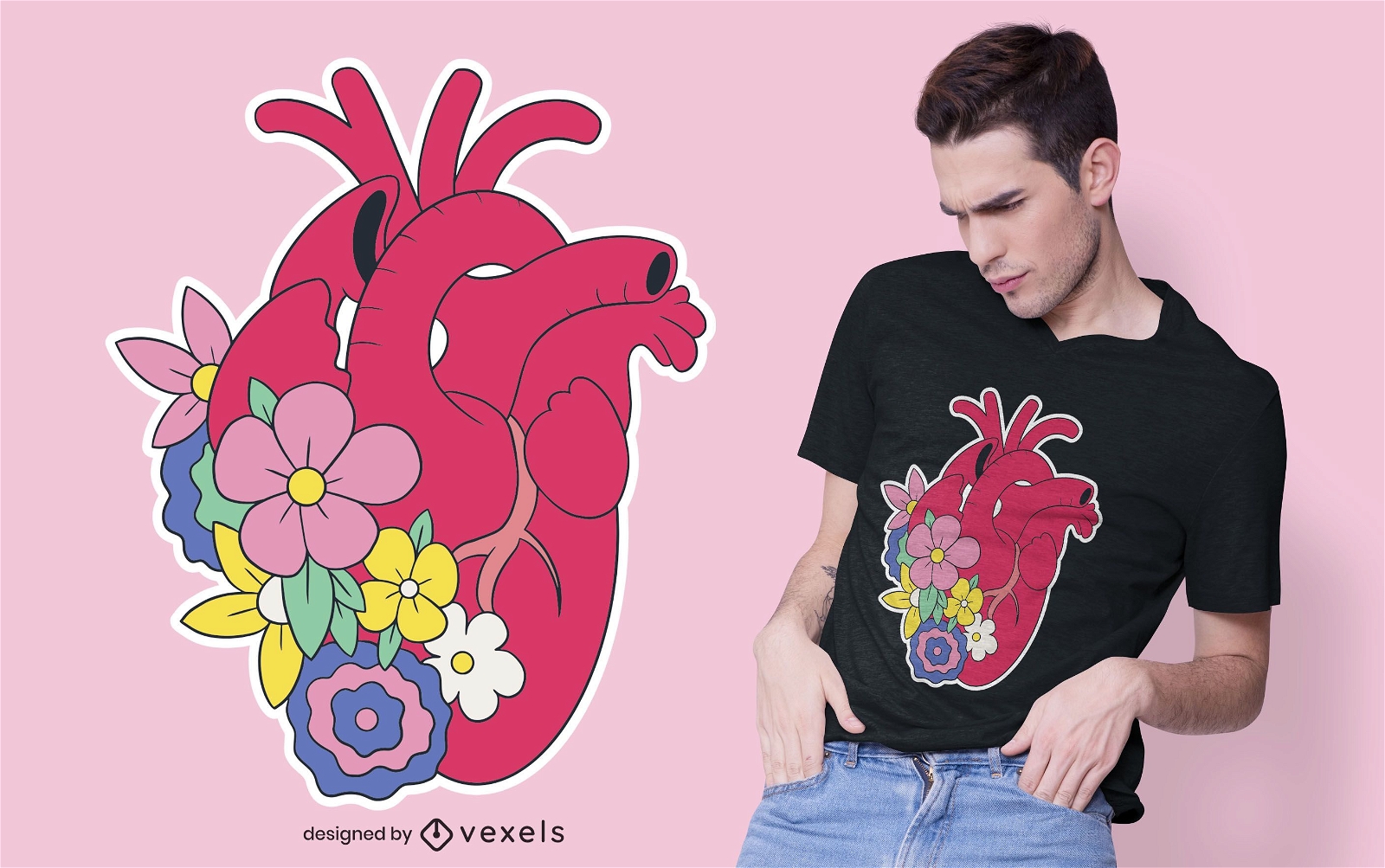 Design realista de camiseta com cora??o floral