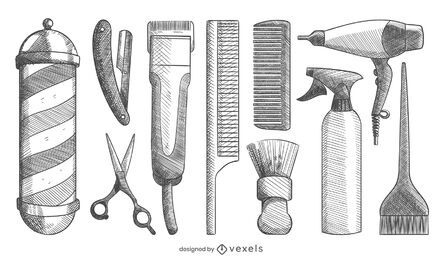 Hand drawn barber elements set