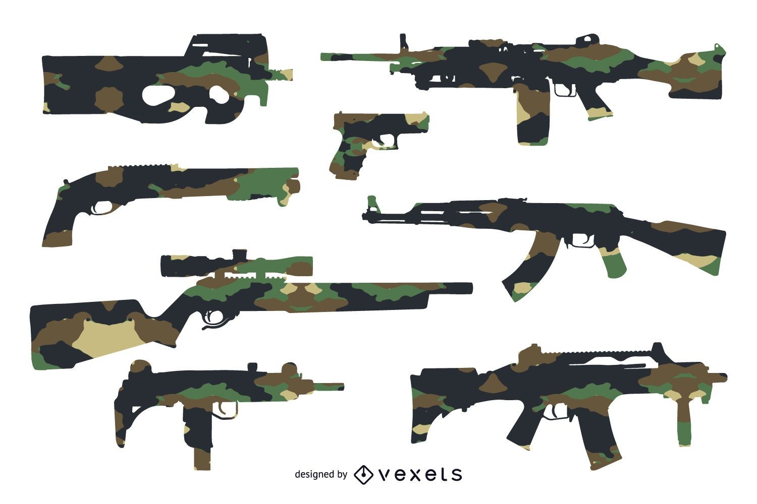 Conjunto de siluetas de pistola con camuflaje