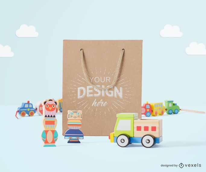 Crianças brinquedos saco de papel maquete composição Crianças brinquedos saco de papel maquete composição