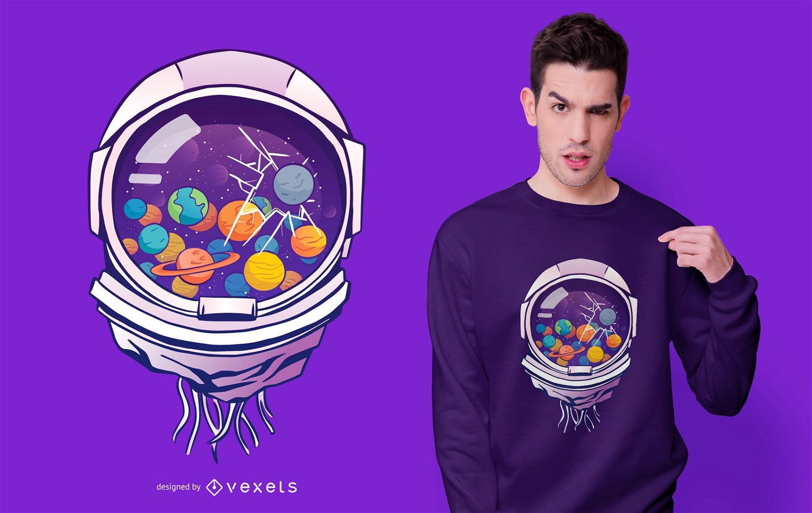Casco de astronauta con dise?o de camiseta de planetas.