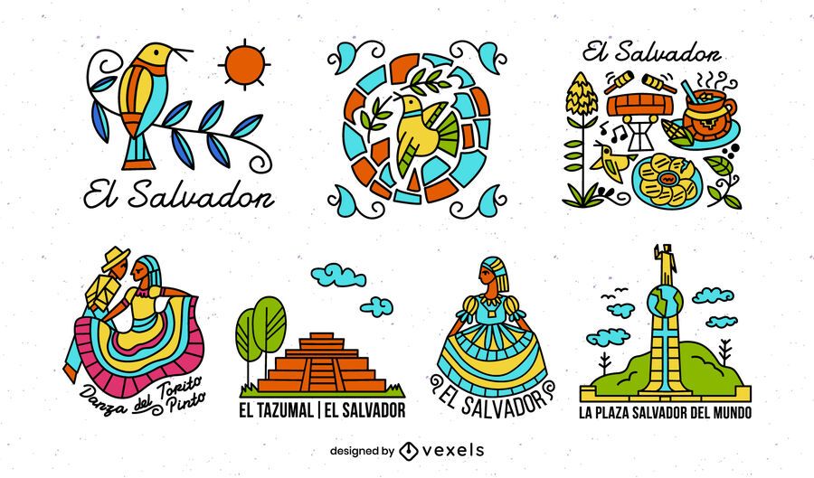 Paquete de elementos ilustrados coloridos de El Salvador Paquete de elementos ilustrados coloridos de El Salvador