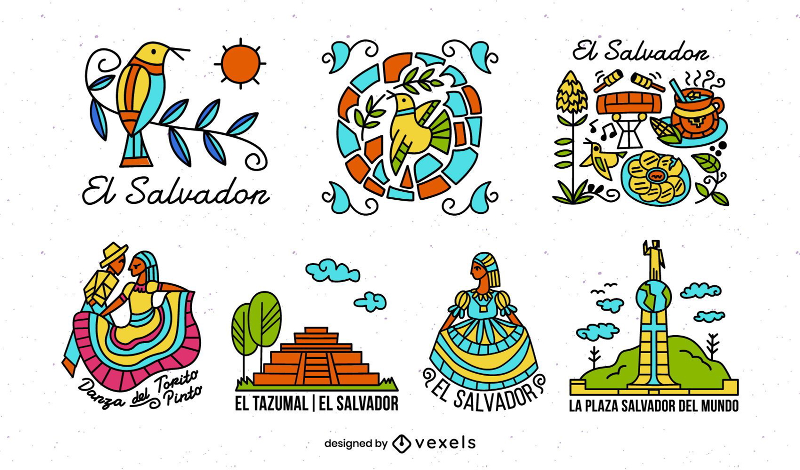 Pacote de elementos ilustrados coloridos de El Salvador