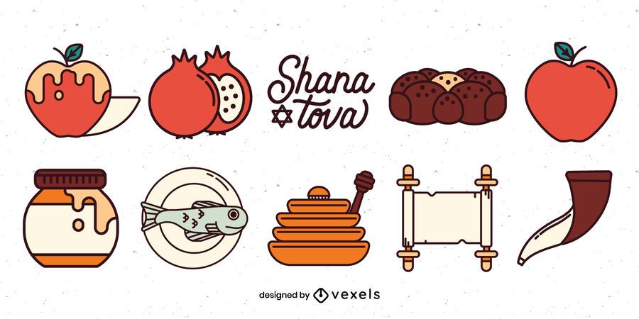 Conjunto de ilustración de elementos de rosh hashaná Conjunto de ilustración de elementos de rosh hashaná