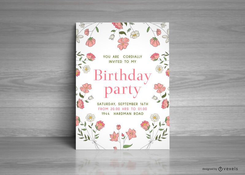 Plantilla de tarjeta de fiesta de cumpleaños floral Plantilla de tarjeta de fiesta de cumpleaños floral