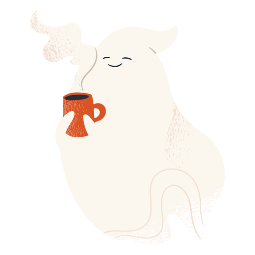 Cute ghost character drinking coffee