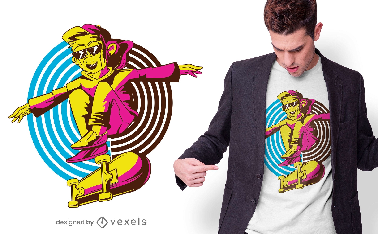 Design de camiseta de macaco skatista