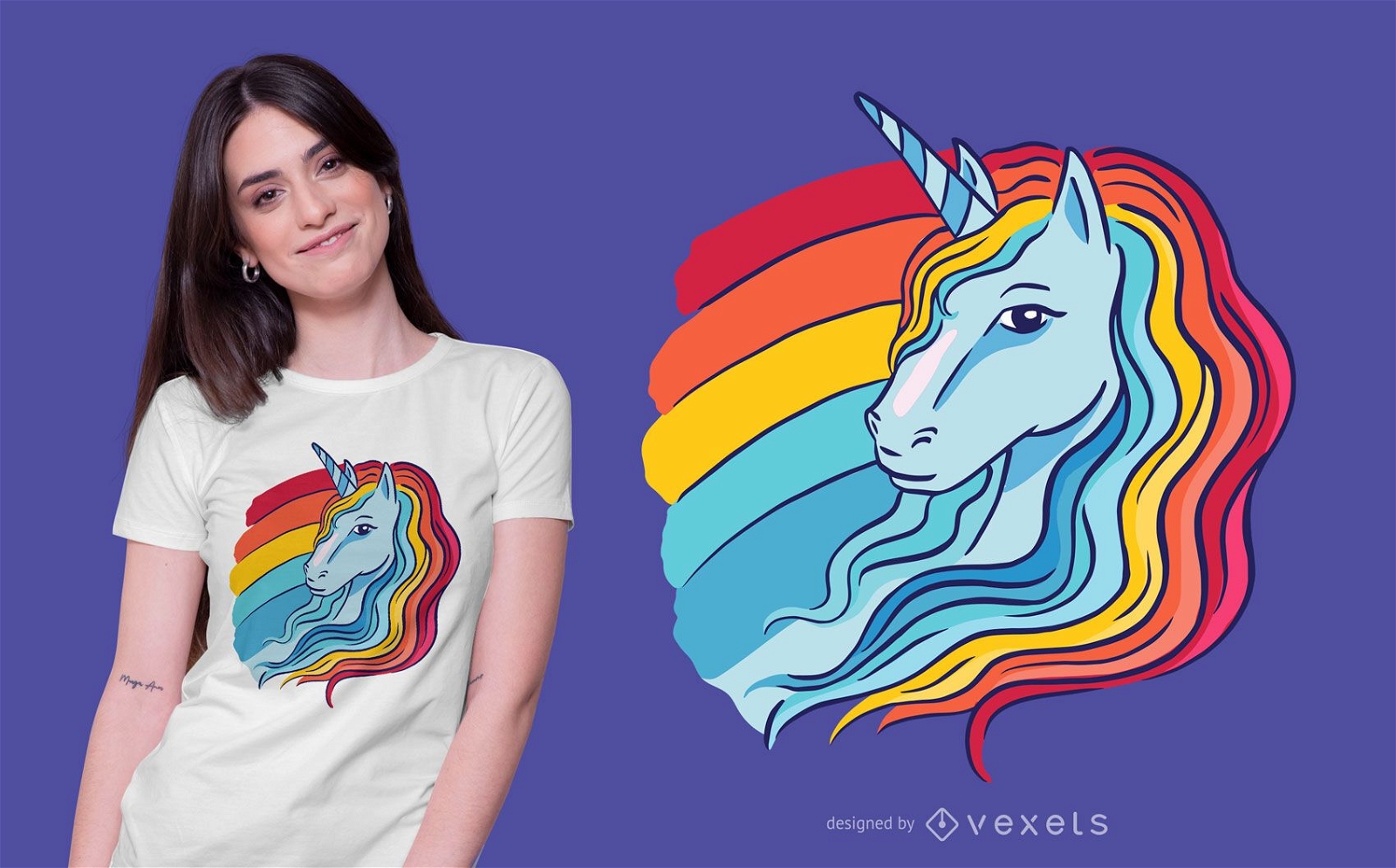 Design de camiseta com ilustração de unicórnio arco-íris