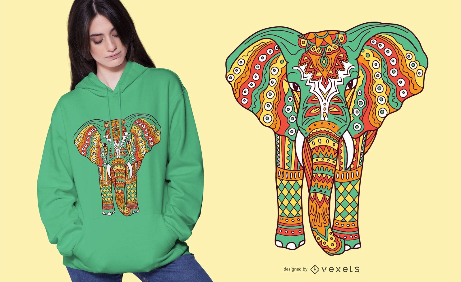 Design de t-shirt com mandala de elefante colorido