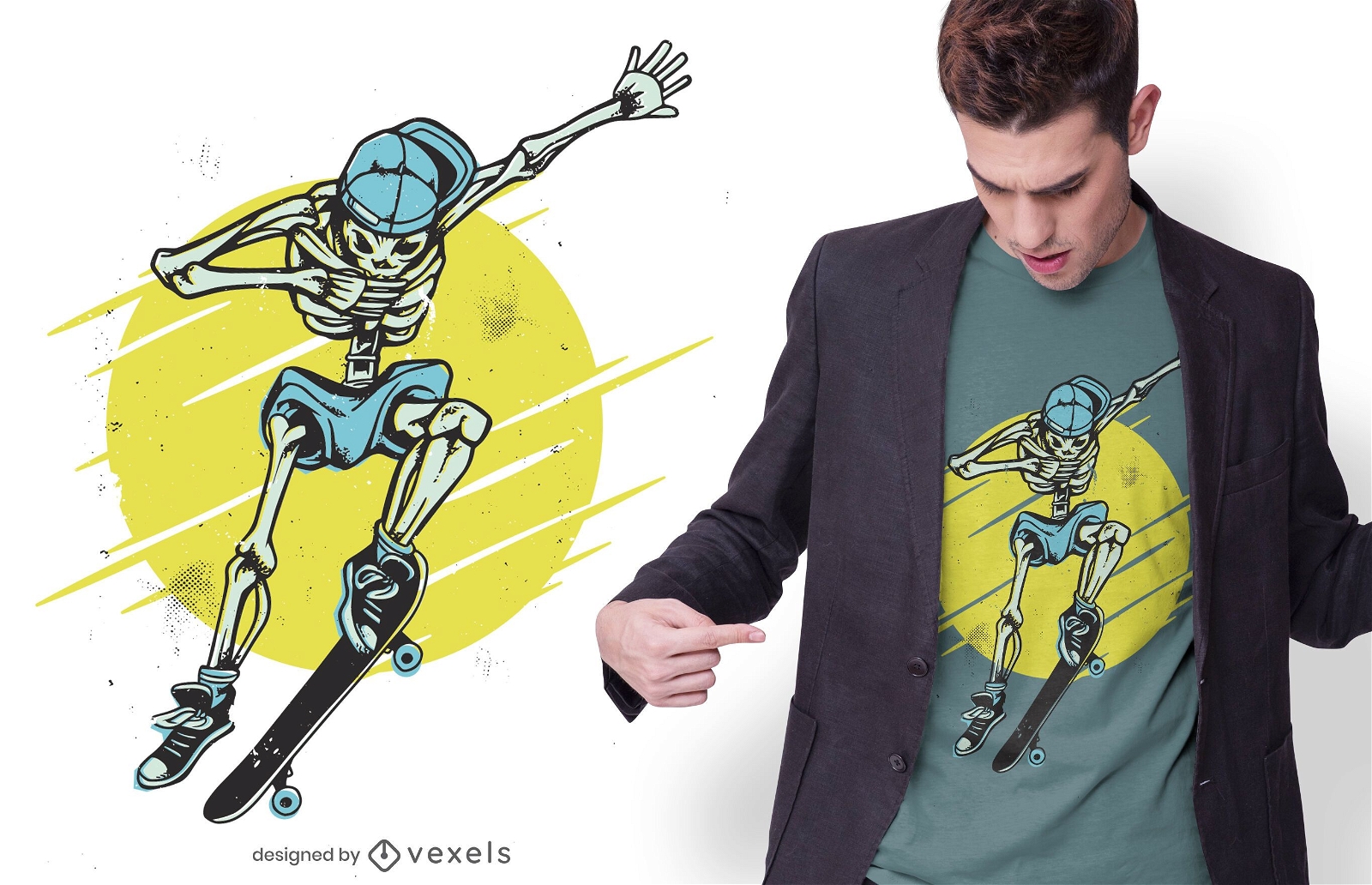 Design de camiseta com esqueleto de skatista