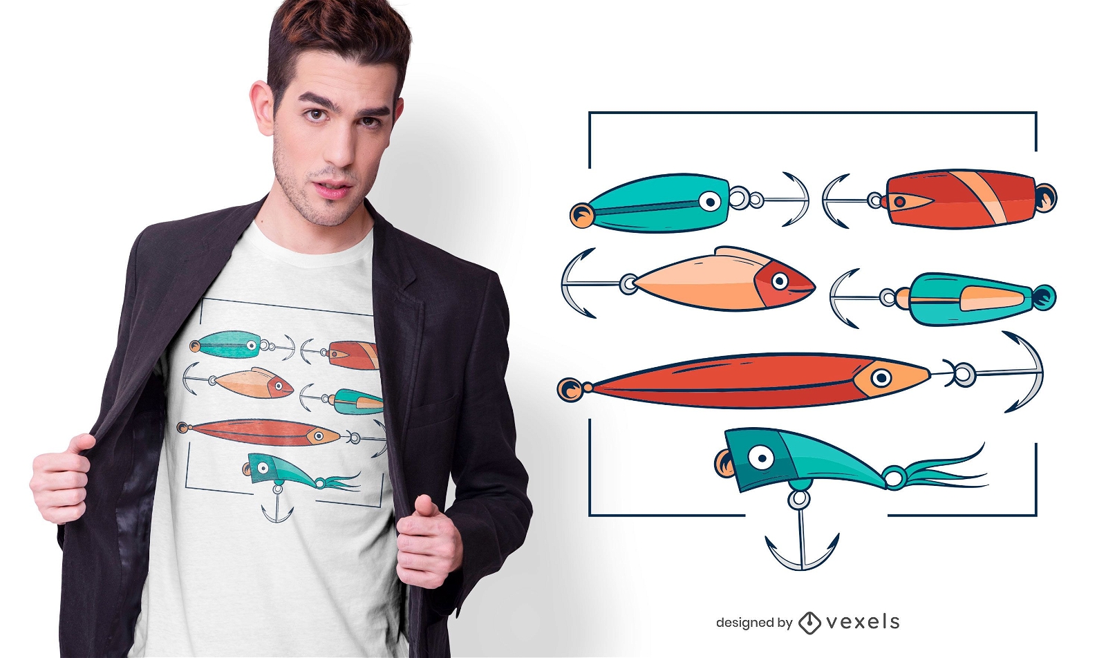 Conjunto de iscas de peixe com design de camiseta
