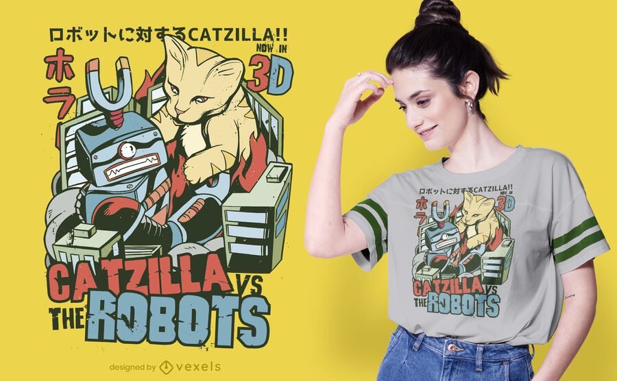 Catzilla vs robots t-shirt design Catzilla vs robots t-shirt design