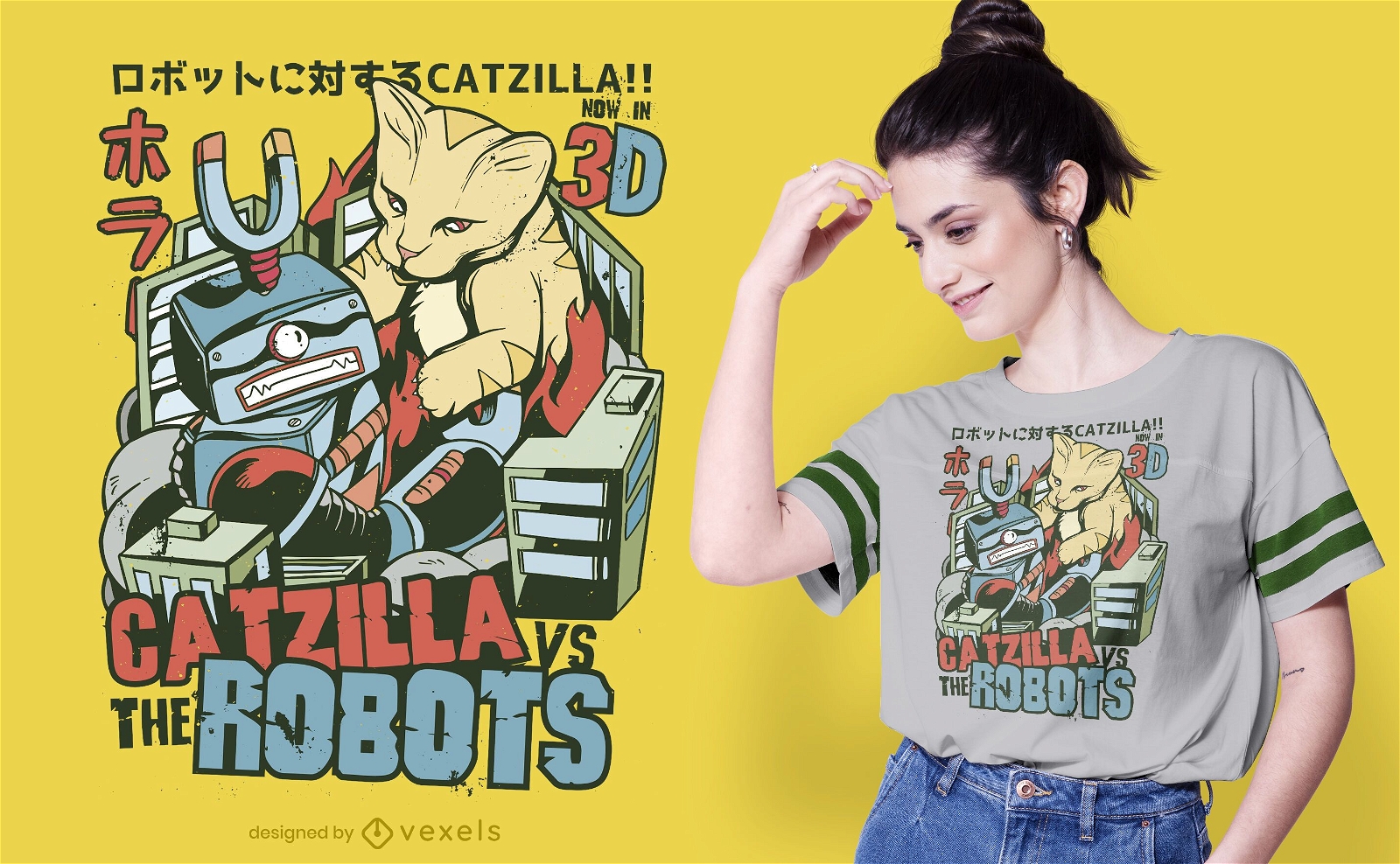 Diseño de camiseta de Catzilla vs robots