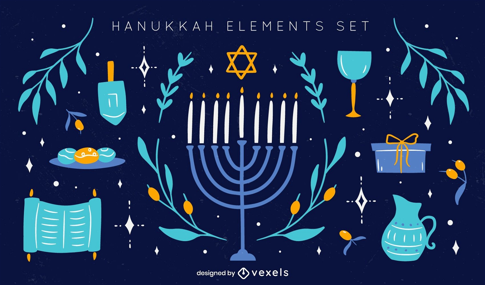 Hanukkah elements doodle set