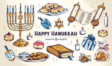 Conjunto de ilustración de elementos de Hanukkah