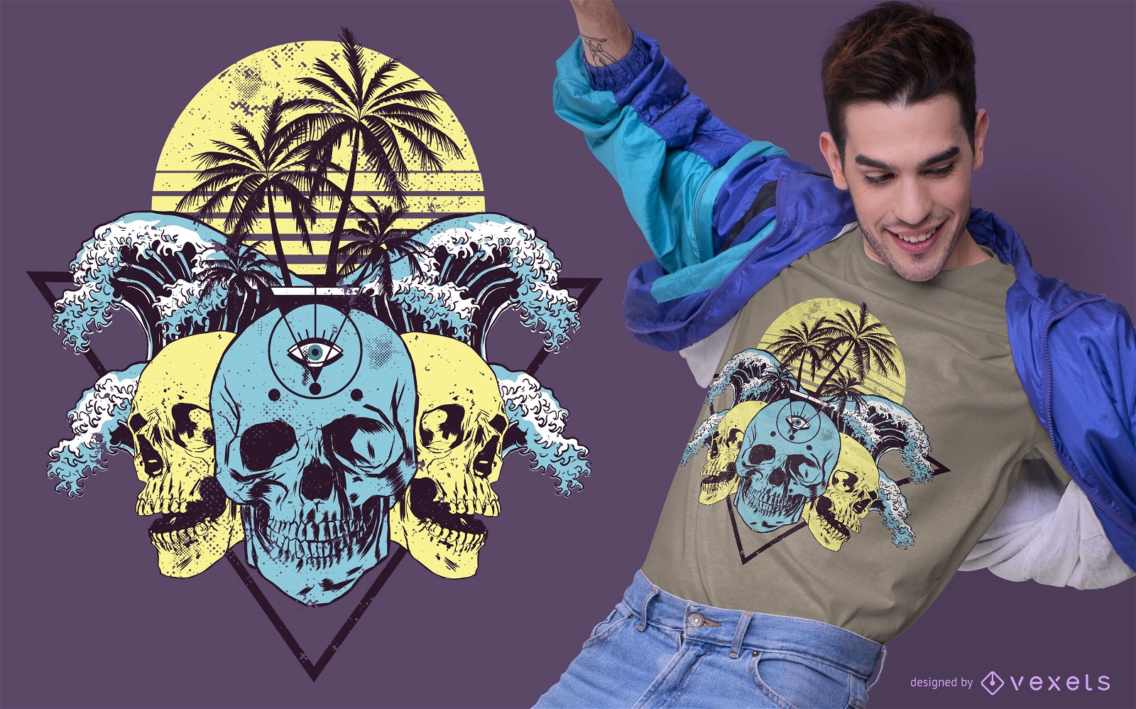 Diseño de camiseta de calaveras tropicales