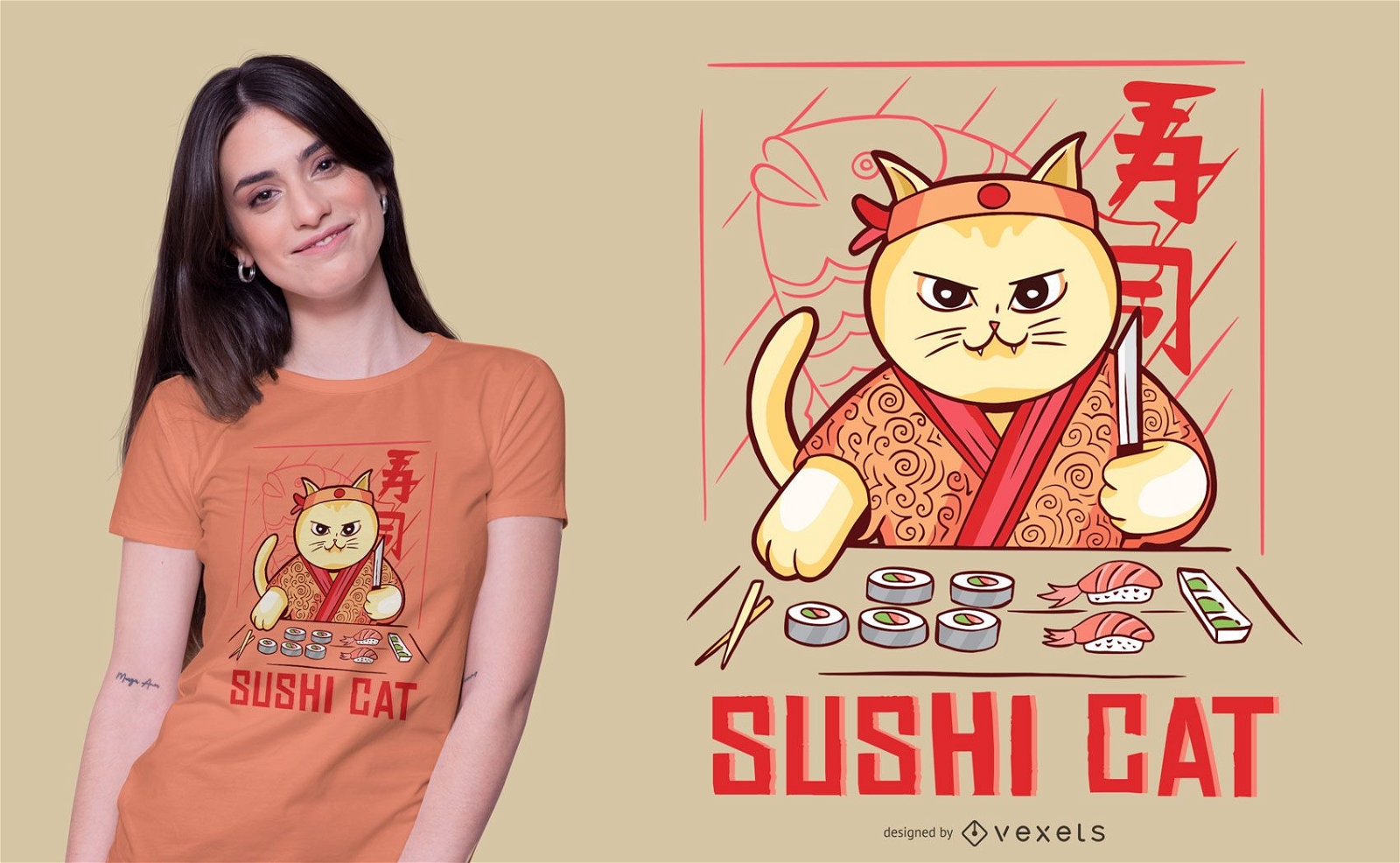 Design de t-shirt de gatinho sushi