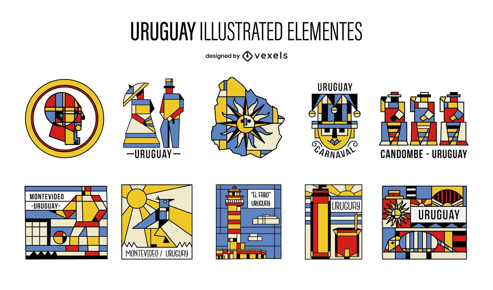 Pacote de Elementos Ilustrados do Cubismo Uruguai