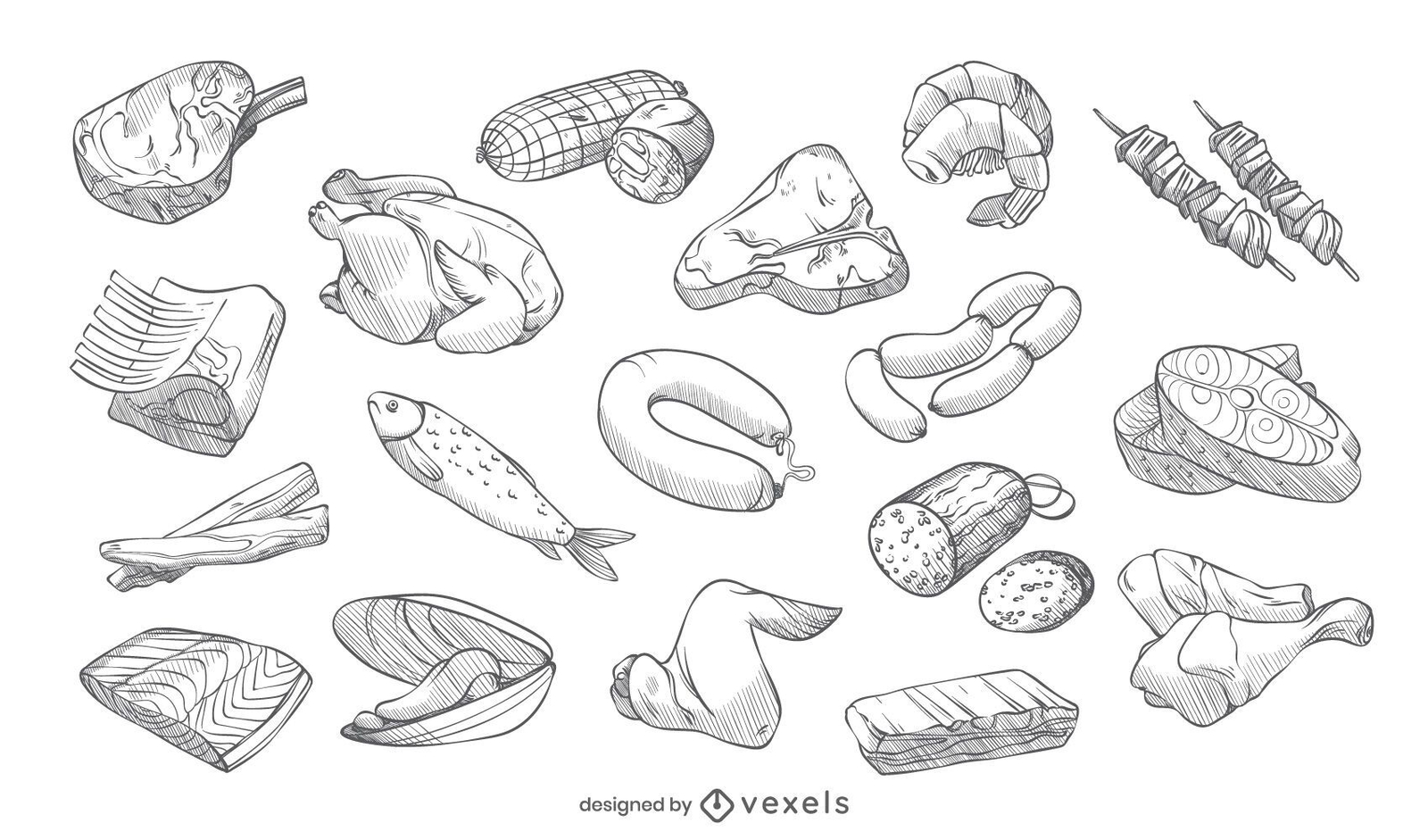 Pacote de design de carne de golpe desenhado à mão