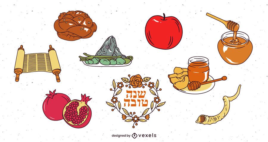 Conjunto de ilustración de elementos de rosh hashaná Conjunto de ilustración de elementos de rosh hashaná