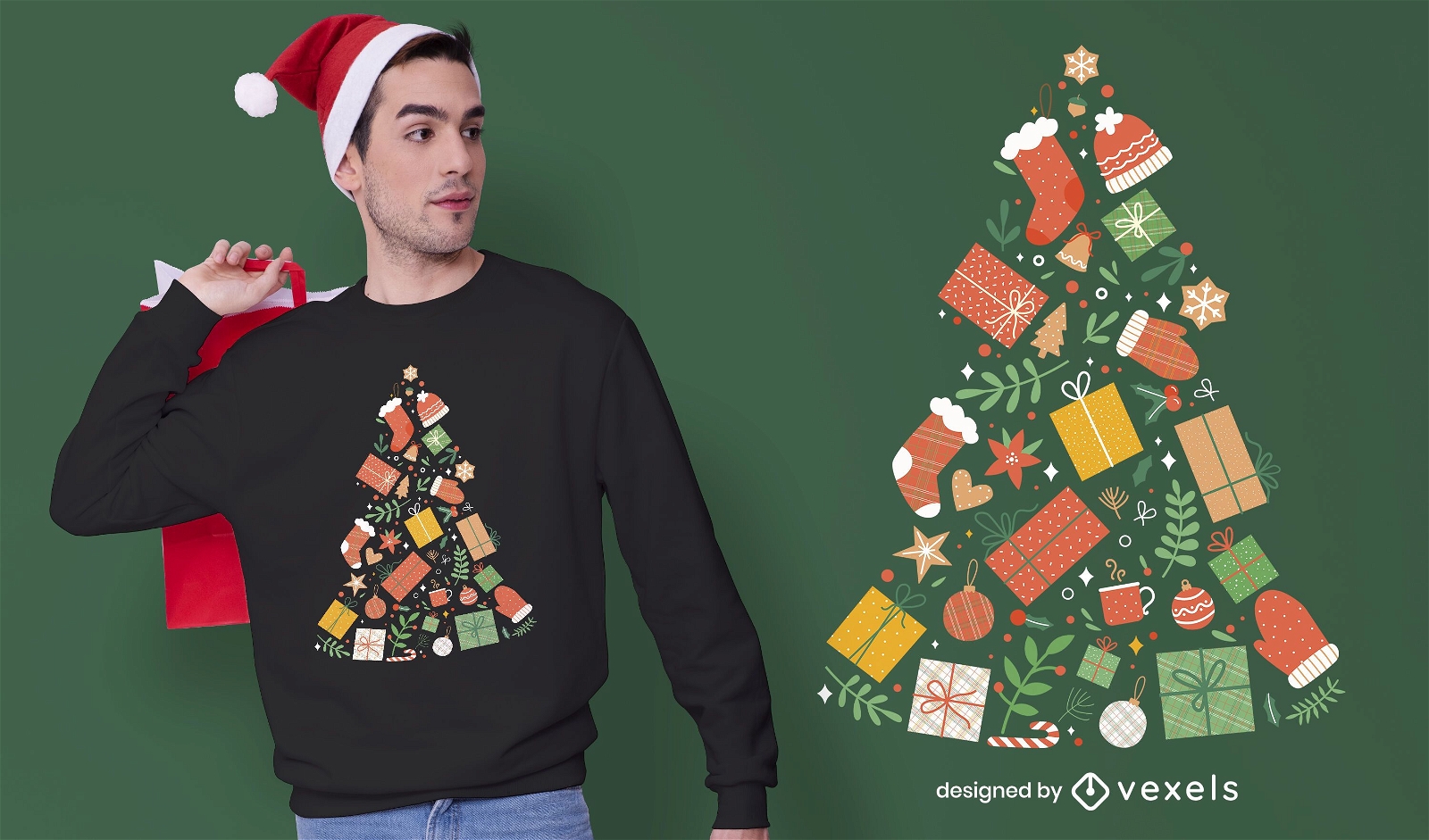 Diseño de camiseta de regalos de árbol de Navidad.