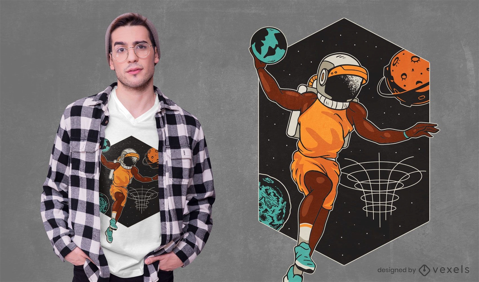 Design de camiseta para jogador de basquete espacial