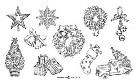 Conjunto de elementos de Natal desenhados à mão Conjunto de elementos de Natal desenhados à mão