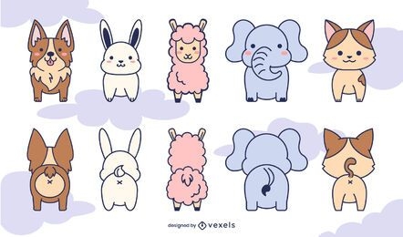 Front and back cute animals set