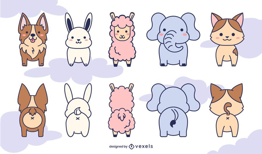 Conjunto de animais fofos na frente e atrás Conjunto de animais fofos na frente e atrás
