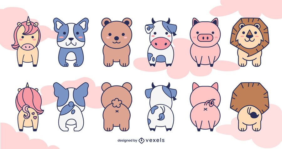 Conjunto bonito de animais na frente e atrás Conjunto bonito de animais na frente e atrás
