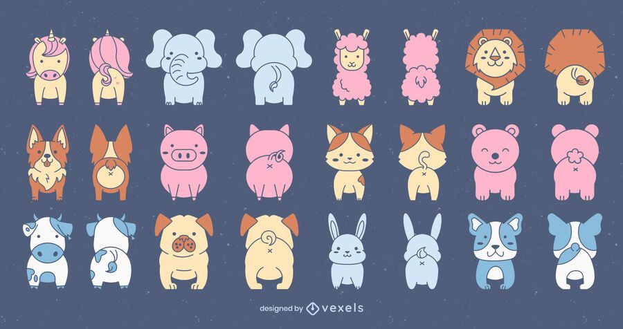 Conjunto de animais fofos na frente e atrás Conjunto de animais fofos na frente e atrás