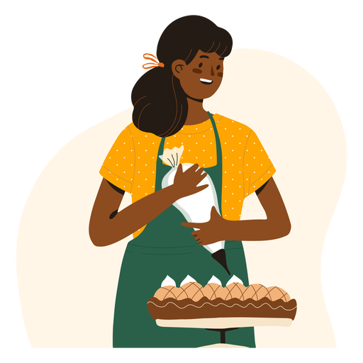 Woman decorating a pie character