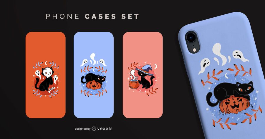 Conjunto de capas de telefone para gatos pretos de Halloween Conjunto de capas de telefone para gatos pretos de Halloween