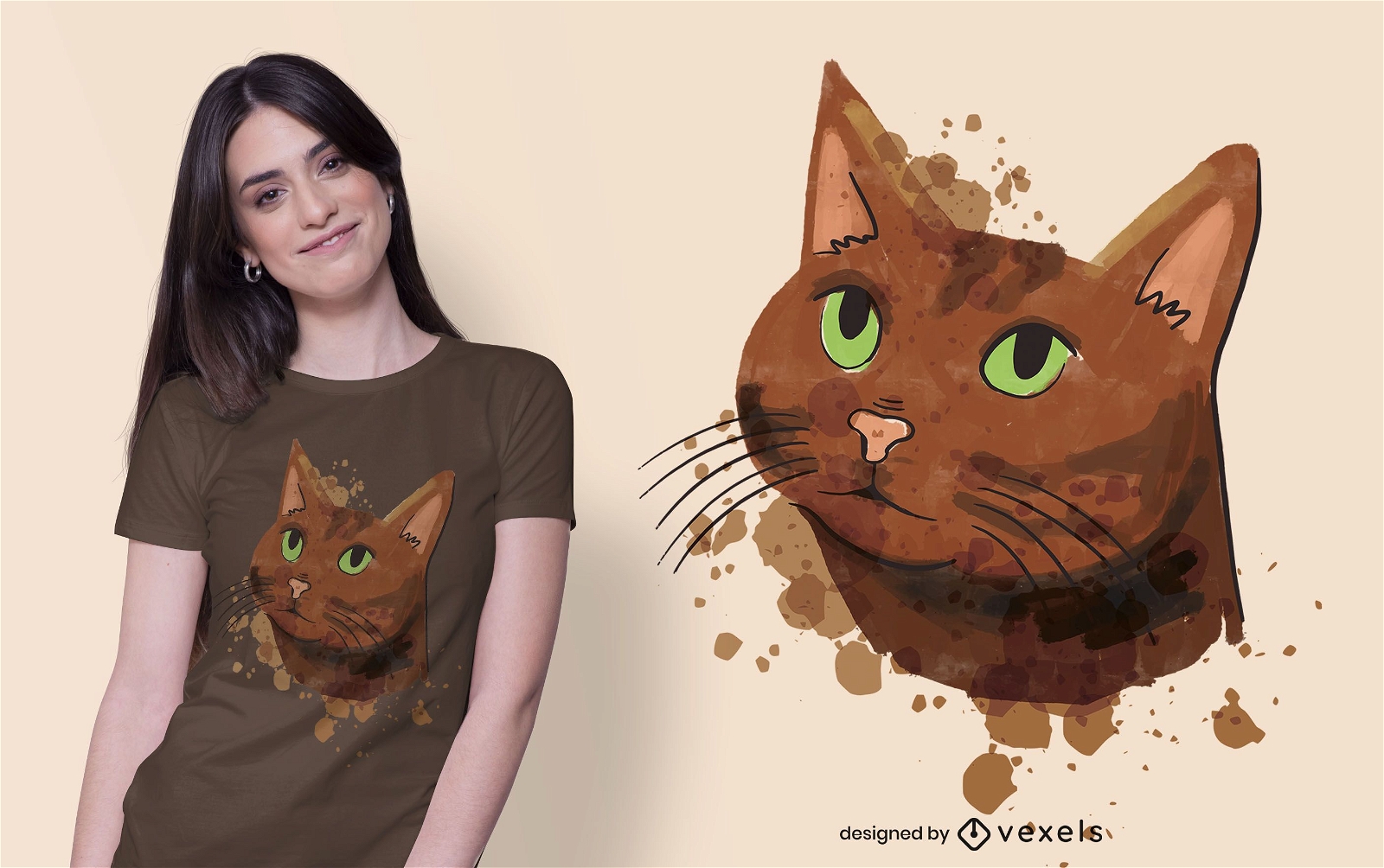 Design de camiseta de gato marrom aquarela