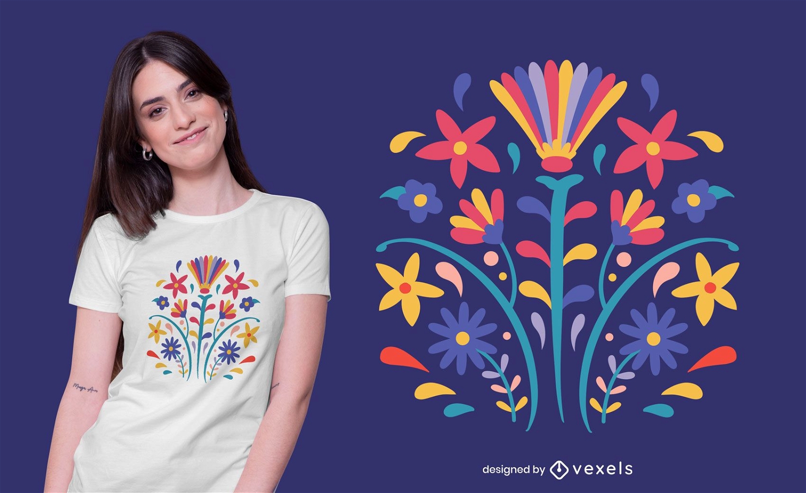 Design de t-shirt com flores estilo Otomi