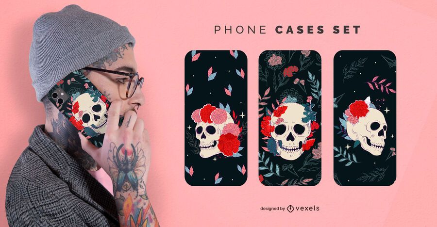 Conjunto de capas de celular com caveiras florais Conjunto de capas de celular com caveiras florais