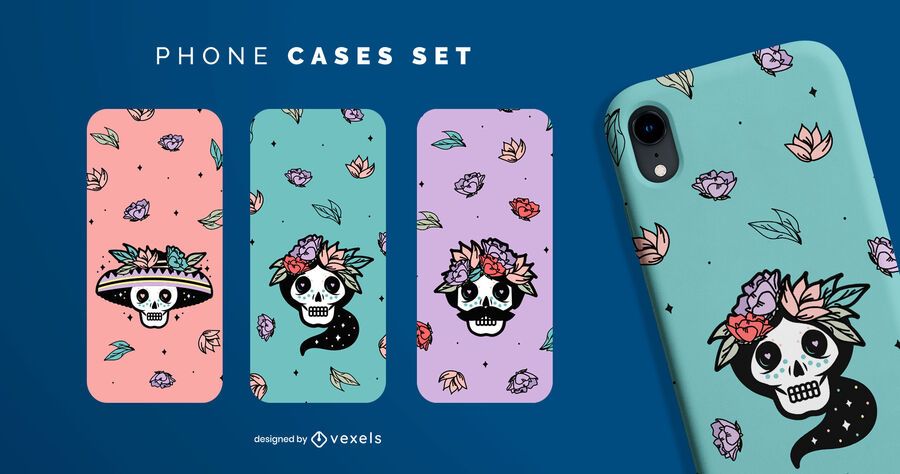 Conjunto de capas de celular de caveiras de açúcar Conjunto de capas de celular de caveiras de açúcar
