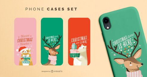 Christmas Animals Phone Cases Set Vector Download