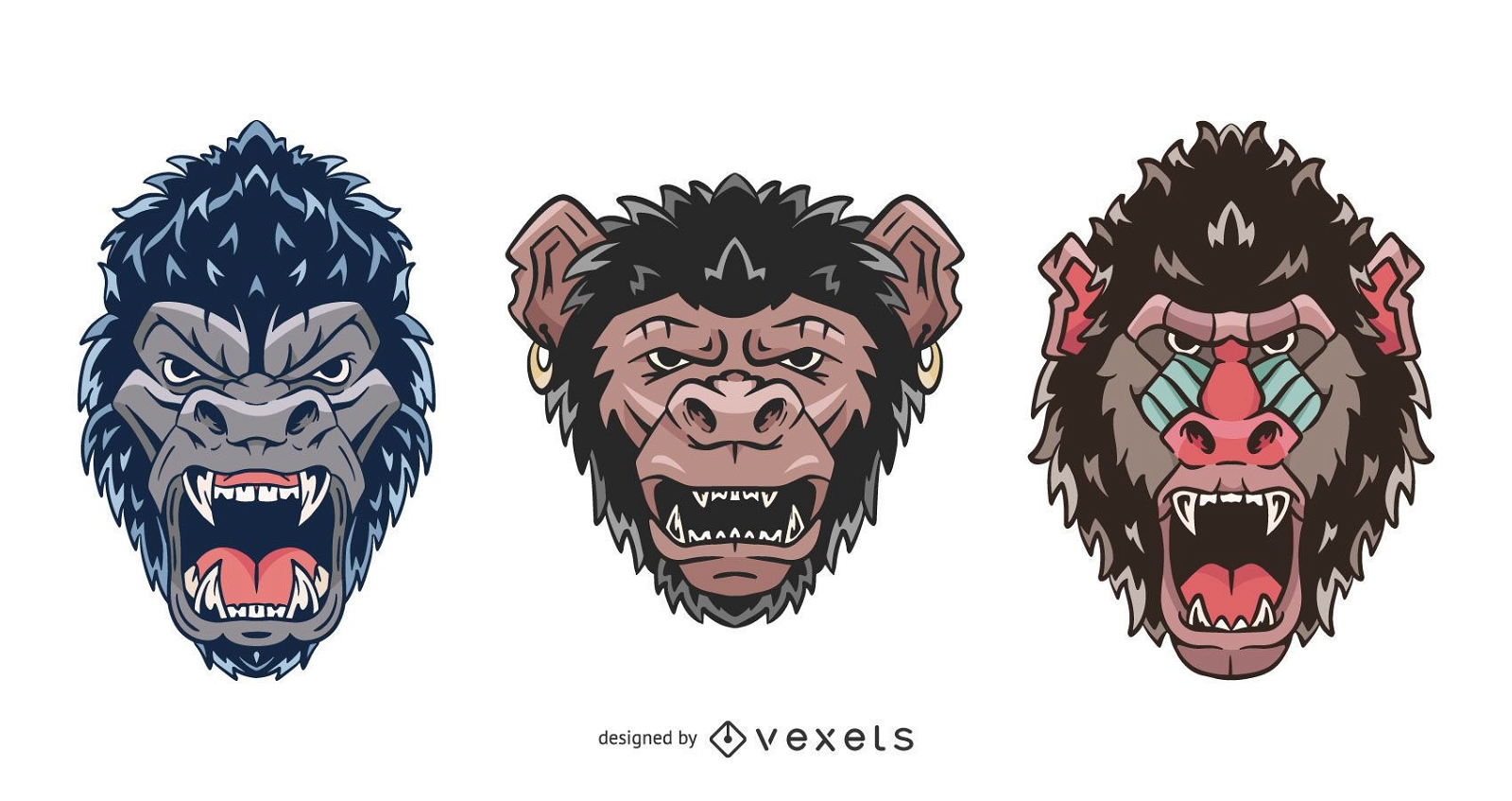 Angry Primate Face Illustration Set