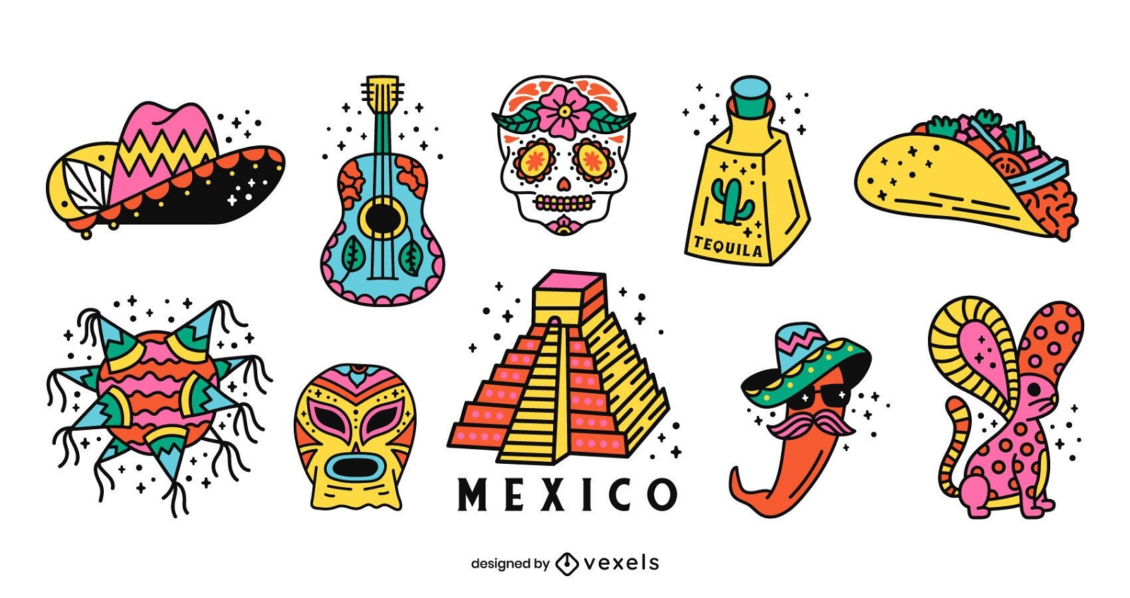 Paquete de diseño colorido de elementos de México