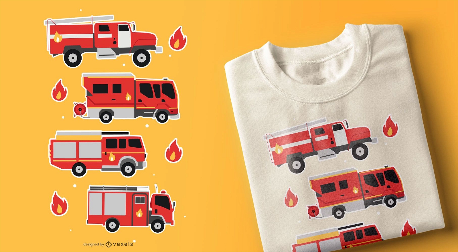 Dise?o de camiseta de camiones de bomberos.