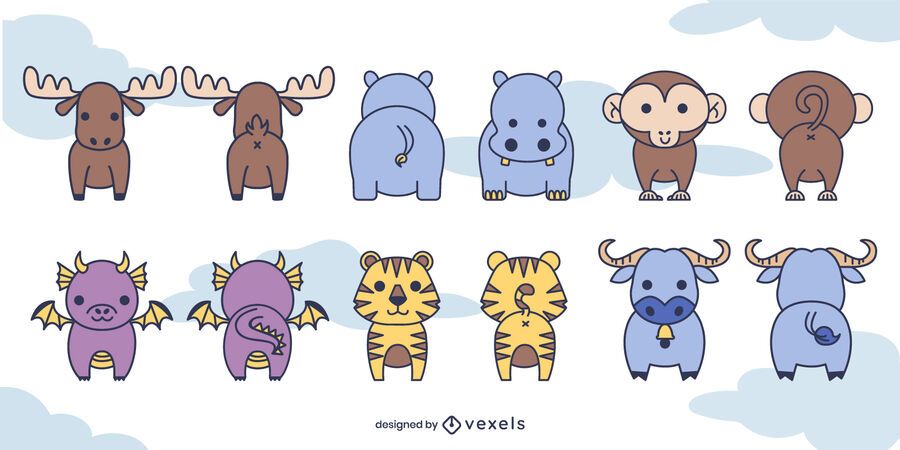 Conjunto bonito de animais na frente e atrás Conjunto bonito de animais na frente e atrás