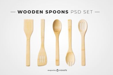 Wooden spoons psd elements for mockups
