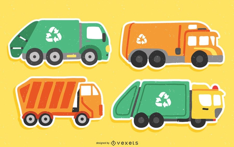 Garbage Trucks Flat Sticker Set - Vector Download